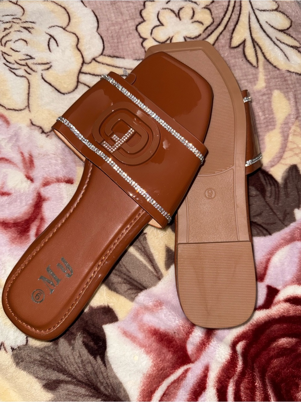 Embellished Tan Slide Mules with Logo Accent